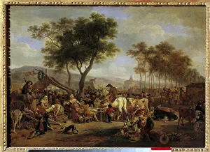 Fair at the entrance of a village Scene of food and commerce at a village fair Fair at the entrance of a village Scene of food and commerce at a village fair