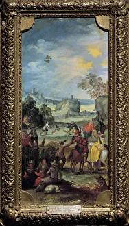 Falcon hunting Scene hunting and rest in the countryside. Painting of the Flemish School Falcon hunting Scene hunting and rest in the countryside. Painting of the Flemish School