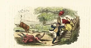 Panic Gallery: A family of botanists attacked by a charging bull in a field. 1831 (engraving)