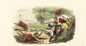 A family of botanists attacked by a charging bull in a field. 1831 (engraving) A family of botanists attacked by a charging bull in a field. 1831 (engraving)