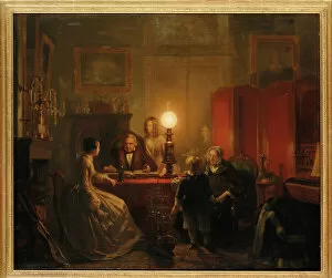 Fossil Fuel Gallery: A family gathered around a lamplit table, 1854 (oil on canvas)