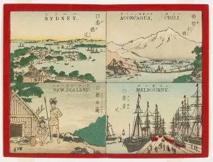 Famous Places in the World - Australasia, 1887 (colour woodblock print) Famous Places in the World - Australasia, 1887 (colour woodblock print)