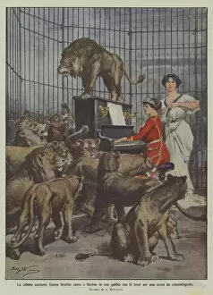 The famous singer Emma Destinn sings in Berlin in a cage with 14 lions for a movie scene (Colour Litho)