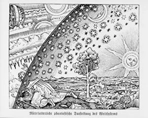 Cosmic Gallery: Fantastic Depiction of the Solar System (woodcut) (b / w photo)