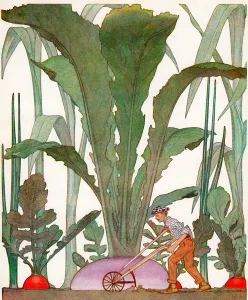 Oversize Gallery: Farmer Cultivating Gigantic Garden Vegetables, 1910 (screen print)
