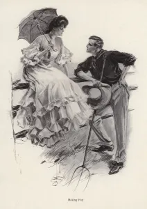 A farmer pauses in his work to flirt with a young woman (litho) A farmer pauses in his work to flirt with a young woman (litho)