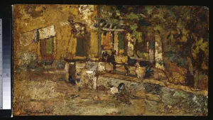 Farmyard with a Donkey and Cockerels (oil on panel) Farmyard with a Donkey and Cockerels (oil on panel)
