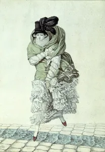 Fashion plate depicting a lady crossing a sewage stream, 1811 (colour engraving) Fashion plate depicting a lady crossing a sewage stream, 1811 (colour engraving)