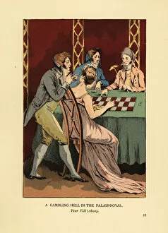 Croupier Gallery: Fashionable Incroyables in high-collar jackets at a gambling table with young woman and croupier