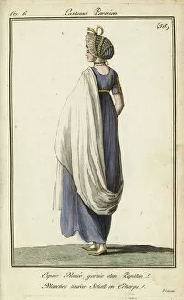 Fashionable woman in a capote hood at Cafe Frascati, 1798 (handcoloured copperplate engraving)
