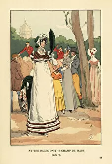 Fashionable woman at the horse races on the Champ de Mars, 1811. She wears a bonnet