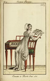 Chin Strap Gallery: Fashionable woman playing a harpsichord, 1800 (handcoloured copperplate engraving)