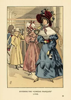 Fashionable women at a play, Paris. Woman in large bonnet with ribbons, dress with high collar
