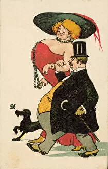 Fat man, busty lady, walking the dog (colour litho)