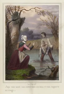 A father saving his child from drowning in a river (colour litho) A father saving his child from drowning in a river (colour litho)