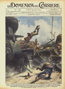 Car Motor Gallery: Father and son traveling on a pickup truck loaded with caged chickens... (colour litho)