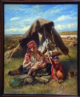 Faucheur (Reaper). Durant la moisson, une femme allaite son nouveau ne en surveillant un autre enfant a peine plus age Faucheur (Reaper). Durant la moisson, une femme allaite son nouveau ne en surveillant un autre enfant a peine plus age