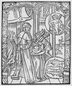 February, interior scene, Aquarius, illustration from the Almanach des Bergers' February, interior scene, Aquarius, illustration from the Almanach des Bergers'