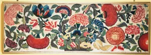 A felt and applique panel with embroidered silk highlights depicting carnations A felt and applique panel with embroidered silk highlights depicting carnations