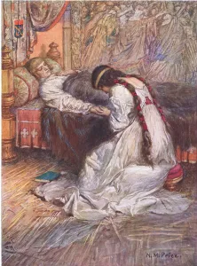 He felt her tears upon his hand, illustration from The Children's Tennyson He felt her tears upon his hand, illustration from The Children's Tennyson