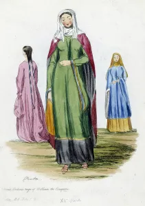 Female costumes at the time of William the Conqueror, 11th century - engraving Female costumes at the time of William the Conqueror, 11th century - engraving