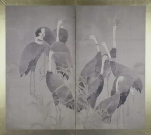 Screen Gallery: Eleven female cranes standing in dry reed bed, c.1700-50 (ink and colours on paper)