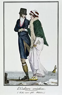 Female and male skating outfits, circa 1820