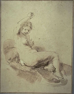 Netherland Gallery: Female Nude Reclining with Arm Raised, c.1665 (pen and brown ink and brush and brown wash)