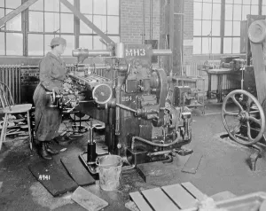 Female worker in a factory during World War One, c.1917 (b/w photo) Female worker in a factory during World War One, c.1917 (b/w photo)