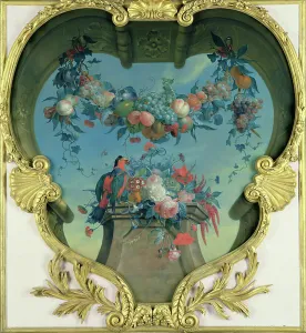 Festoon of Fruits Hanging over a Pedestal with Flowers and a Red-Green Parrot, c Festoon of Fruits Hanging over a Pedestal with Flowers and a Red-Green Parrot, c