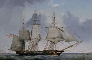 Sailing Vessels Gallery: A Fifth-Rate 36-Gun Frigate Hove-To on a Starboard Tack (oil on panel)