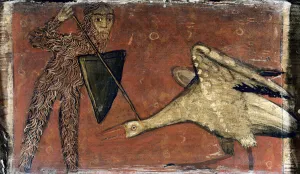 Fight between a knight and a crane, Ceiling panel, 15th century (painting) Fight between a knight and a crane, Ceiling panel, 15th century (painting)