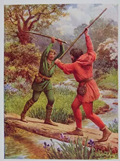 The Fight between Robin Hood and Little John, illustration from Robin Hood and his Life in the Merry Greenwood
