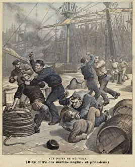 Fighting between English and Prussian sailors at Millwall docks (coloured engraving) Fighting between English and Prussian sailors at Millwall docks (coloured engraving)