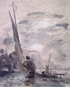 Figures with Cart and Boats on the shore, near cliffs, 19th century Figures with Cart and Boats on the shore, near cliffs, 19th century