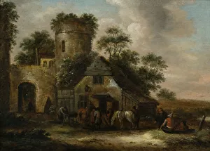 7286013 Figures Outside an Inn by the Town Walls in Summertime, 1635-76 (oil on panel) by Molenaer, Claes (Nicolaes) (1630-76); 22x30 cm; Private Collection; (add.info.: KLAES MOLENAER (Haarlem 1626/1629-Haarlem 1676)
To the seventeenth century viewer this scene with its crumbling walls would also be a reminder that even the sturdiest of fortifications crumble in the wake of time, or colloquially put 'nothing lasts forever'); © Lawrence Steigrad Fine Arts, New York Figures Outside an Inn by the Town Walls in Summertime, 1635-76 (oil on panel)