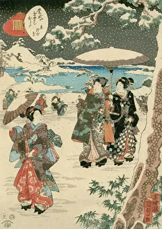 Day To Day Gallery: Figures with Parasols in Snow (A scene from The Tale of Genji) (colour woodcut on paper)