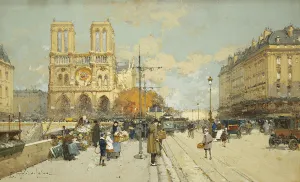 Figures on a Sunny Parisian Street, Notre Dame at left, (gouache and black chalk) Figures on a Sunny Parisian Street, Notre Dame at left, (gouache and black chalk)