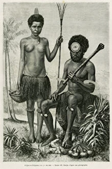 Fijian couple. Engraving by E.Ronjat to illustrate the story Promenades en Oceanie