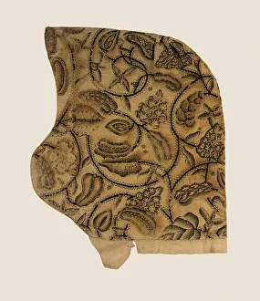 A fine blackwork coif, 1620-40 (linen) (see also 1616684) A fine blackwork coif, 1620-40 (linen) (see also 1616684)