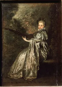 The finette girl playing a string musical instrument - oil on canvas, 18th century The finette girl playing a string musical instrument - oil on canvas, 18th century