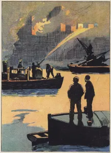 The fire brigade at work on the river (colour litho) The fire brigade at work on the river (colour litho)