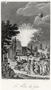 Pyrotechnics Gallery: Firework display at the Jardin de Tivoli, c.1826 (engraving)