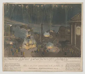Pyrotechnics Gallery: Fireworks in Covent Garden, 1809 (etching and aquatint, hand colored)