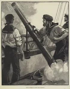 Anglo Egyptian War Gallery: Firing Rockets on Board HMS Monarch (engraving)