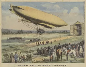 First flight of the French military airship Republique (colour litho)