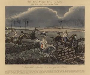 The First Steeple Chase on Record, 1839 (colour litho) The First Steeple Chase on Record, 1839 (colour litho)