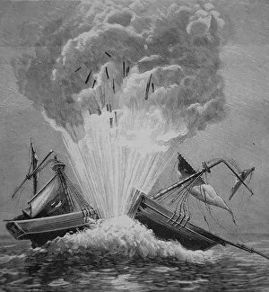 The first torpedo, invented by Robert Fulton (1765-1815) blows up the Danish brig '