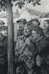 First World War. The reading of good news at a French camp. 1916 (lithograph) First World War. The reading of good news at a French camp. 1916 (lithograph)