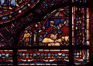 Fish merchants, detail from a window depicting Scenes from the Life of St Fish merchants, detail from a window depicting Scenes from the Life of St